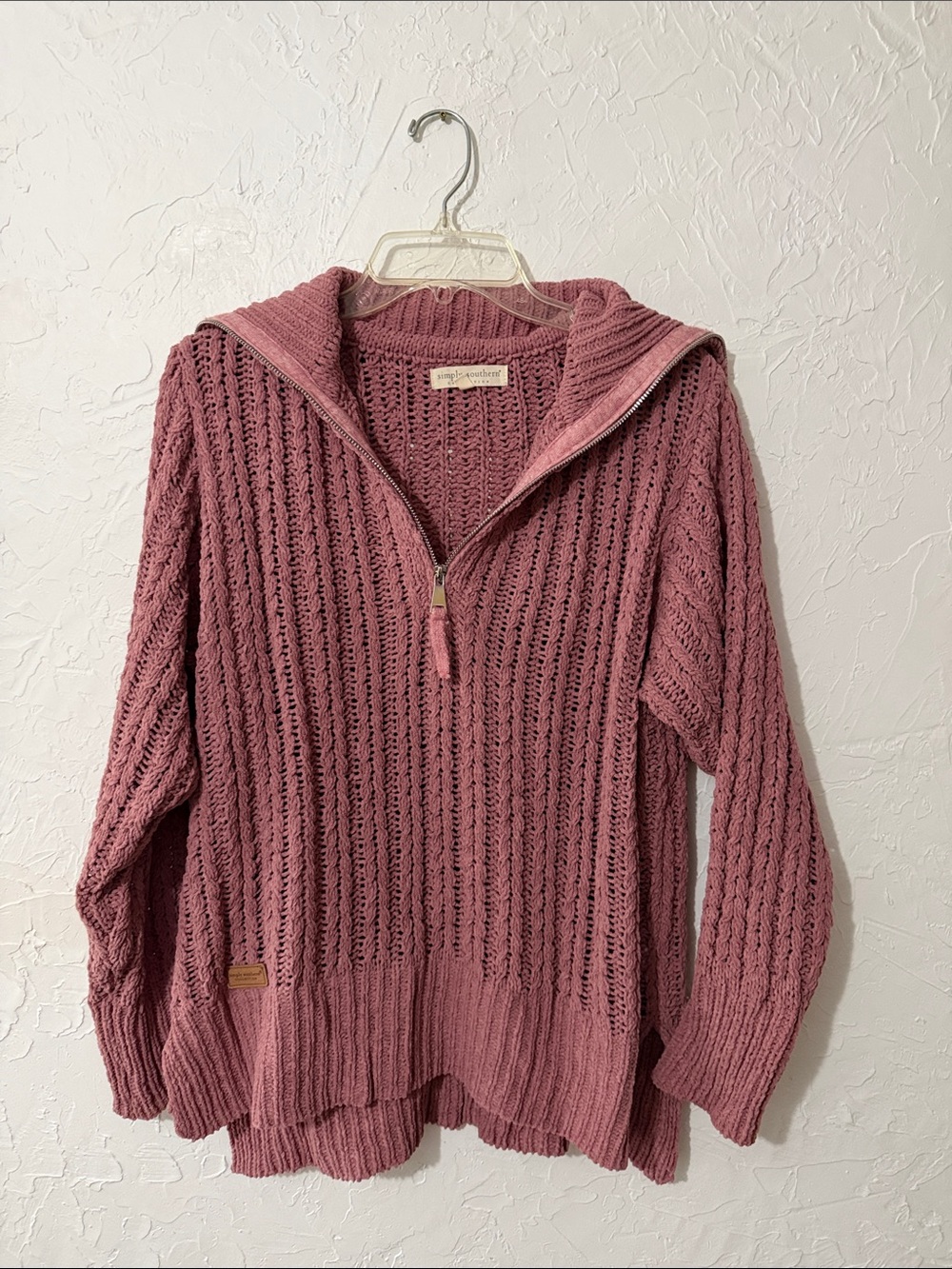 Simply Southern Rose Pink Open-Knit Half-Zip Sweater